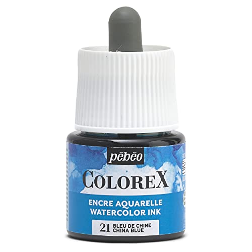 Pébéo - Colorex Tinte 45 ML Chinablau - Colorex Aquarell Tinte Pébéo - Chinablau Tinte mit samtigem Finish - Zeichentusche Multi-Tool Alle Medien - 45 ML - Chinablau von Pebeo