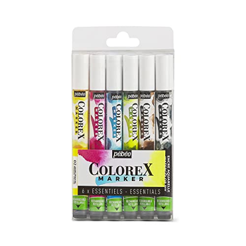 Pébéo - Colorex Tintenmarker Set mit 6 Colorex Aquarelltinten – Grundfarben – Zeichnung Multitool – Marker – Primärgelb, Magenta, Cyan, Frühlingsgrün, Sepia, Elfenbeinschwarz von Pebeo