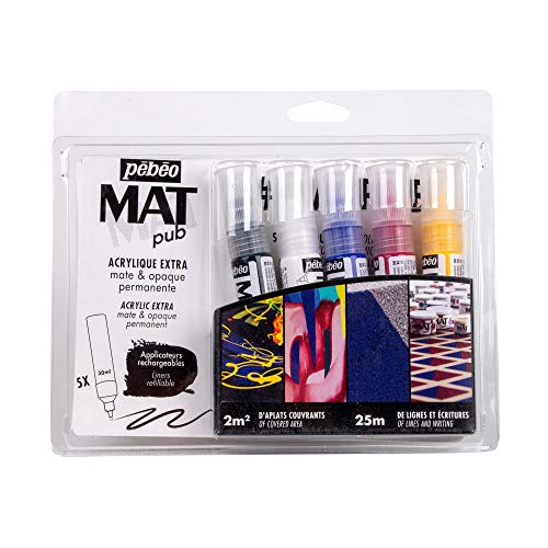 Pébéo Mat Pub Nachfüllbare Acryl Liner Set 5 x 30 ml - Extra Feine Acrylfarben - Permanent, Matt und Deckend - Für den Außenbereich Geeignet - Gelb, Rot, Blau, Weiß, Schwarz von Pebeo