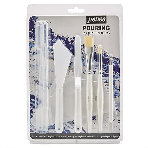 Pébéo 524605 Pouring Experiences Zubehör Set-11 Accessories: 2 Malmesser, 2 Pinsel, 1 Marbling Werkzeug, 1 Spatel und 5 Pipetten, Weiß, 11 Piece von Pébéo