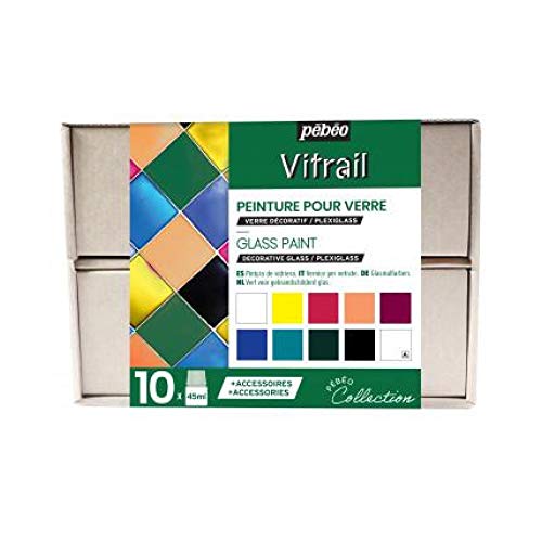 Pébéo Vitrail Collection Box - Glasmalerei Set - 10 x 45 ml Flaschen Verschiedene Glasmalfarben + 2 x 20 ml Tuben Konturpaste, Malzubehör, Kreativer Ratgeber von Pebeo