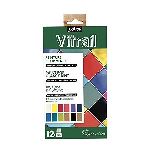 Pébéo Vitrail Entdecker Set-Glasmalerei Kit-Glänzende, Transparente Farben-12 x 20 ml Flaschen gemischte Glasmalfarben, Farbsortiment, 12 x 20 ml, 240 Milliliter Pébéo Vitrail Entdecker Set-Glasmalerei Kit-Glänzende, Transparente Farben-12 x 20 ml Flaschen gemischte Glasmalfarben, Farbsortiment, 12 x 20 ml, 240 Milliliter von Pébéo