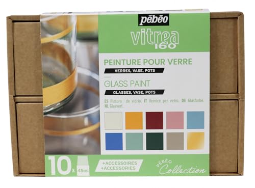 Pébéo Vitrea 160 Collection Box-Glasmalerei Set Nr. 2-10 x 45 Flaschen Verschiedene Glasmalfarben + 1 x 20 ml Tube Relief Paste Gold + Zubehör + Kreativer Ratgeber, Farbsortiment, 450 milliliter von Pebeo
