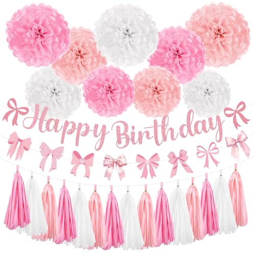 Rosa Schleife Geburtstag Party Dekorationen Kokette Geburtstag Dekorationen enthalten Rosa Schleife Happy Birthday Banner Rosa Schleife Girlande Banner Papier Pom Poms Papier Quaste für Sweet Girl von Peconal