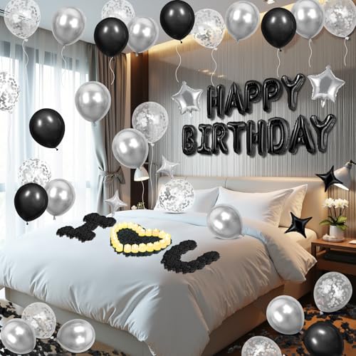 Schwarze Happy Birthday Luftballons Dekorationen Silber und Schwarz Geburtstag Ballon Buchstaben Banner mit 6 Stück Sternballons Schwarz Künstliche Rosenblätter 24 flammenlose LED-Kerzen für Zimmer von Peconal