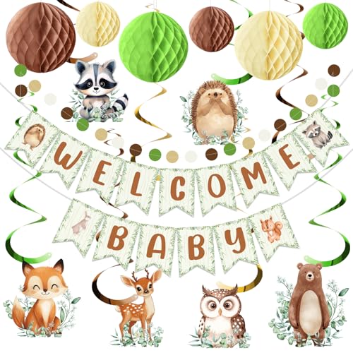 Woodland Baby Shower Dekorationen Woodland Animal Welcome Baby Banner Baby Shower Hanging Swirl Streamers Paper Honeycomb Ball Circle Garland Forest Animal for Neutral Gender Reveal Party Supplies von Peconal