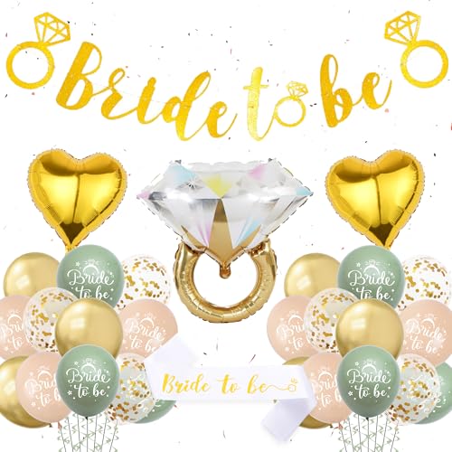 Bride To Be Party Dekoration - Gold Grün Hen Do Dekorationen Folienballon Banner Set für Frauen, Braut Latex Ballons Schärpe Herz Girlande für Bachelorette Duschen Party Supplies von Pecration