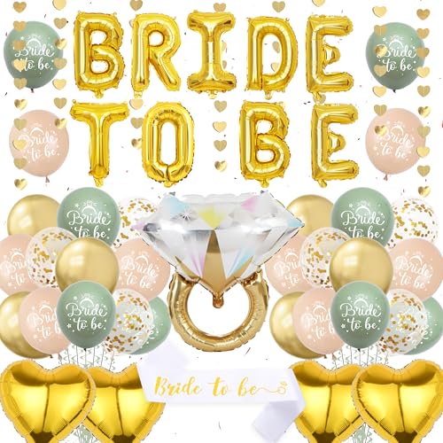 Bride To Be Party Dekoration - Gold Grün Hen Do Dekorationen Folienballon Set für Frauen, Braut Latex Ballons Banner Schärpe Herz Girlande für Bachelorette Duschen Party Supplies von Pecration