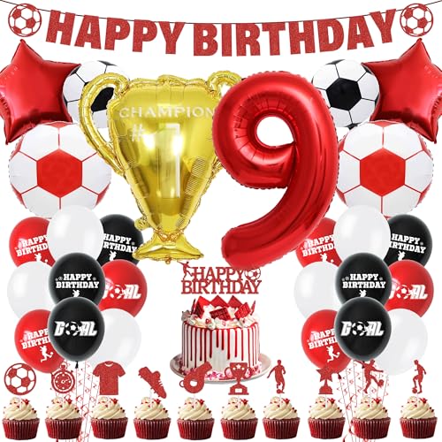 Fußball 9. Geburtstag Party Dekorationen - Fußball Kuchen Topper Luftballons Happy Birthday Banner Party Supplies für Jungen, Rot Sport Thema Dekoration für 9 Jahre alte Kinder und Fans von Pecration