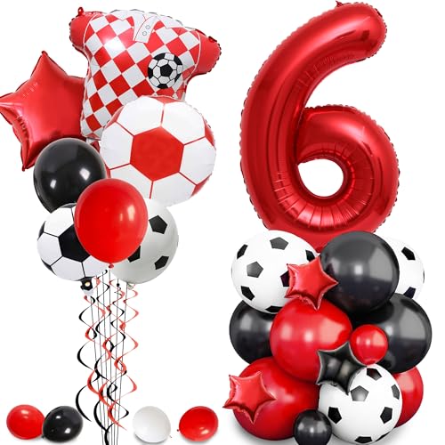 Fußball Geburtstag Dekorationen 6th Ballons - Fußball Party Supplies mit Fußballstern Folie und Latex Ballon für Jungen, Rot Sport Thema Dekoration für 6 Jahre alte Kinder und Fans von Pecration