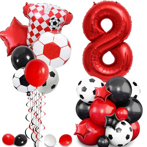 Fußball Geburtstag Dekorationen 8th Balloons - Fußball Party Supplies mit Fußballstern Folie und Latex Ballon für Jungen, Rot Sport Thema Dekoration für 8 Jahre alte Kinder und Fans von Pecration