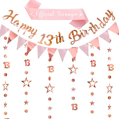 Happy 13th Birthday Banner Dekoration - Rose Gold Offizielle Teenager Dekorationen Schärpe Banner Dekorationen Set für Mädchen, Glitzer Girlande Stern Hängend für 13 Jahre Alt Party Supplies von Pecration