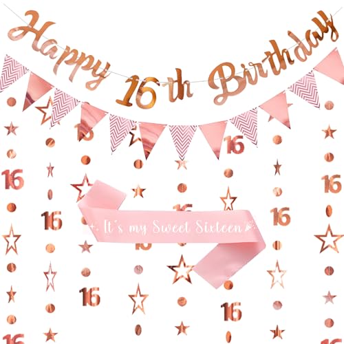 Happy 16th Birthday Banner Dekoration - Rose Gold Sweet Sixteen Schärpe Banner Dekorationen Set für Mädchen, Glitzer Dreieck Girlande Stern Hängend für 16 Jahre Alt Party Supplies von Pecration