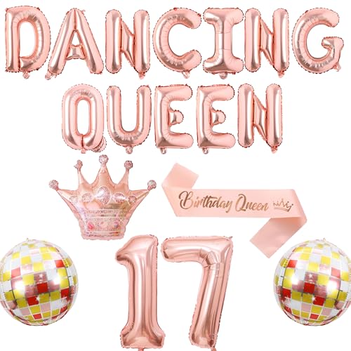 Happy 17th Birthday Party Decorations - Rose Gold Dancing Queen Balloon Birthday Sash Decoration for Girls, Exploding Crown Foil Balloons Balloons for Disco Theme Party Supplies von Pecration