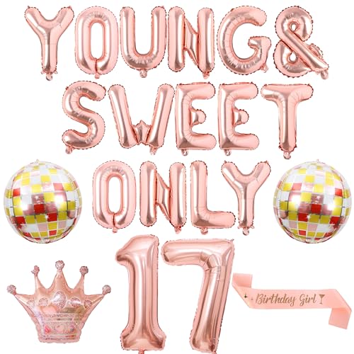 Happy 17th Birthday Party Decorations - Rose Gold Young and Sweet Only 17 Balloon Banner Decoration for Girls, Disco Exploding Crown Foil Balloons for Dancing Queen Party Supplies von Pecration