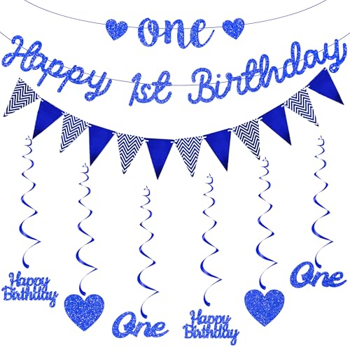 Happy 1st Birthday Banner Dekorationen - Blau First Birthday Banner Wimpelkette Set für Mädchen Jungen Glitzer Herz Brief Wirbel Hängend für Boby One Birthday Party Supplies von Pecration