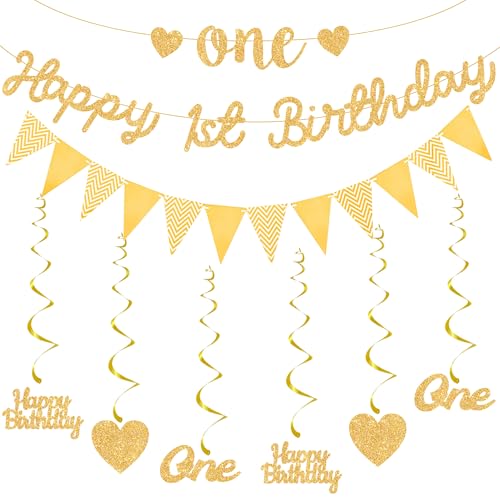 Happy 1st Birthday Banner Dekorationen - Gold First Birthday Banner Wimpelkette Set für Mädchen Jungen Glitzer Herz Brief Wirbel Hängend für Boby One Birthday Party Supplies von Pecration