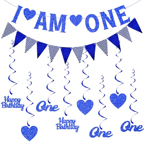 Happy 1st Birthday Decorations Balloons - Blue First Birthday Banner Bunting Set for Girls Boy, Glitter Letter One and Heart Swirl Hanging for Baby One Happy Birthday Party Supplies von Pecration