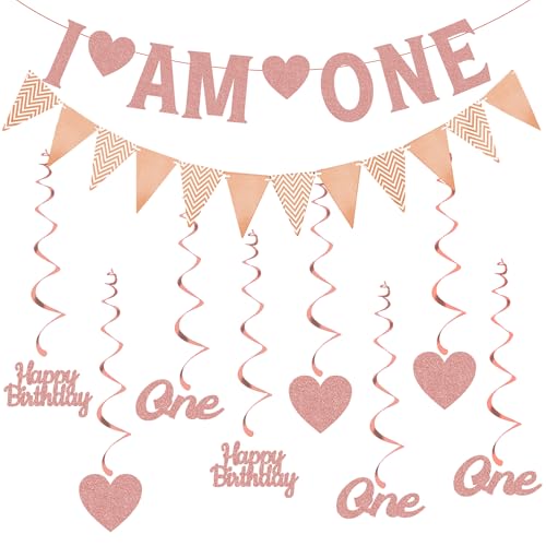 Happy 1st Birthday Decorations Balloons - Rose Gold First Birthday Banner Bunting Set for Girls Boy, Glitter Letter One and Heart Swirl Hanging for Baby One Happy Birthday Party Supplies von Pecration