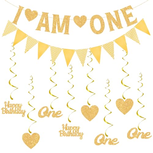 Happy 1st Birthday Decorations Banner - Gold First Birthday Banner Bunting Set for Girls Boy, Glitter Letter One and Heart Swirl Hanging for Baby One Happy Birthday Party Supplies von Pecration