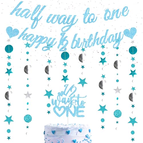 Happy 6 Months Birthday Decorations - Blue Half Way To One Banner with Glitter Star Garland, 1/2 Way To One Cake Topper For Baby Six Months Old Party Supplies von Pecration