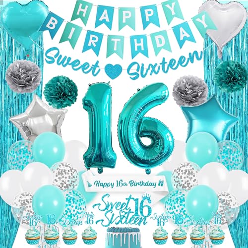 Partydekorationen zum 16. Geburtstag Mädchen – Blaugrün Happy Birthday Banner Cake Topper Kit mit Schärpe Folie Fransenvorhang, Sweet Sixteen Konfetti Latex Ballons für 16 Jahre Alt Party Supplies von Pecration