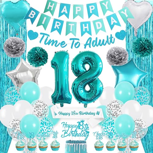 Partydekorationen zum 18. Geburtstag Mädchen – Blaugrün Happy Birthday Banner Cake Topper Kit mit Folienfransenvorhang, Schärpe, Konfetti-Latex-Luftballons für 18 Jahre alte Partyzubehör von Pecration