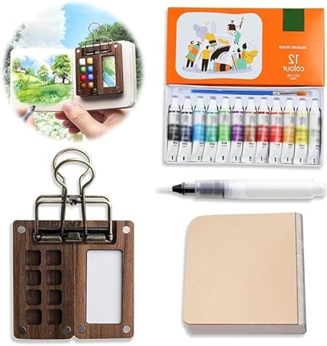 Aquarell-Reise-Set Wasserfarben Tragbar Künstler Aquarell Reise Set tragbares Mini-Aquarell-Paletten Set Mini Watercolor Paint Set Wood Aquarell Skizzenbuch Maler Clips für Maler Künstler Studenten von Peelanmall