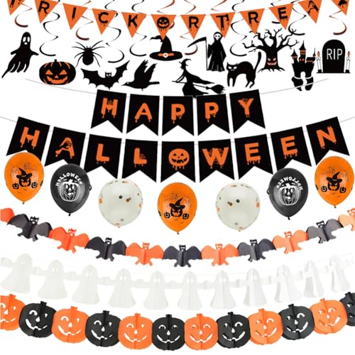 Halloween Deko Set, Ballons fur Halloweenparty Kinder, Halloween Girlande, Halloween Deko Indoor, Halloween Banner & Hängedeko, Gruselig Party für Wohnung Halloween Kinderparty Deko von Peelanmall