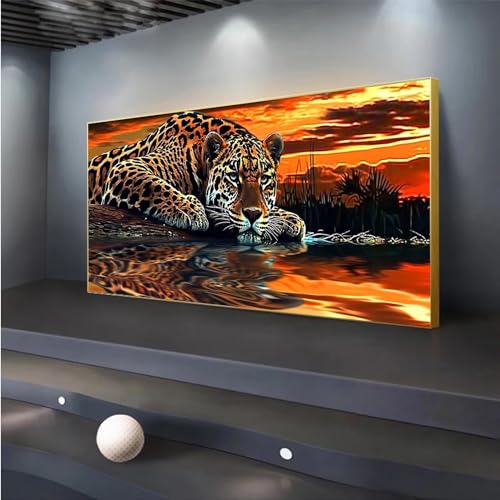 5D Leopard Diamond Painting Kit für Erwachsene Anfänger Ruhiges Wasser Große Größe 50,8 x 114,3 cm Malen nach Zahlen, Diamantpunkte, Kristall Strass DIY Kunst Handwerk Wanddekoration von Peepezo