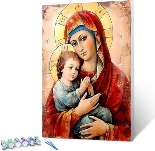 Peepezo Nach Zahlen Kinder Erwachsene - Maria -DIY Ölgemälde Faltenfreie Leinwand Holzbürsten und Hochwertige Acrylfarbe Geschenk Jesus 40x50cm (mit Rahmen) von Peepezo