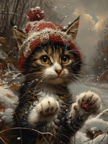 Winter Diamond Painting Erwachsene, Katze Diamond Painting Kinder Anfänger DIY 5D Diamant Kunst Stickerei Kreuzstich Bilder Bastelset, Deko Wohnzimmer, Geburtstagsgeschenk für Frauen 60x80cm -56hDc von Peepezo