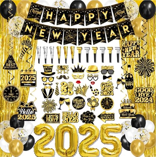 Silvester-Party-Zubehör 2025, Schwarz-Gold, 2025 Happy New Year-Dekorationen, Happy New Year Banner, hängende Wirbel, Zahlen 2025 Luftballons, goldener Fransenvorhang, Geräuschmacher, Latexballons, von Peghoqu