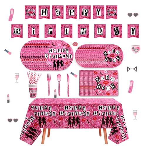 162CT Mean Pink Girls Birthday Party Supplies Tableware HAPPY BIRTHDY Banner Burn Book Plate So Fetch Napkin Cup Straw Spoon Fork knives Tablecloth, Pink Girl Princess Party Decoration 20 Guests von Peiking