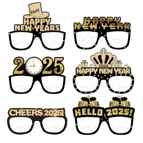 6 Stücke Frohes Neues Jahr Brillen Silvester Deko 2025 Party Brillen,2025 Neujahr Deko Glitzern Schwarz Gold Papier 3D Brille Kindergeburtstag Party Foto Requisiten for Silvester Party Dekoration von Pejlnd