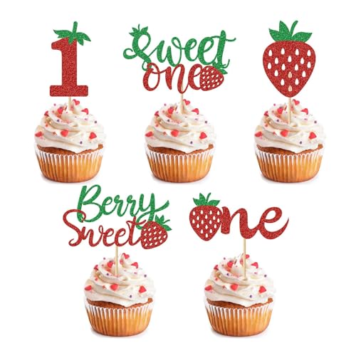 Cupcake-Topper "Strawberry One" – 10 Stück Geburtstagskuchendekorationen, grün-roter Glitzer, süßer erster Geburtstag, Erdbeer-Cupcake-Picks, Beeren-Dekoration für den 1. Geburtstag, Partyzubehör von Pejlnd