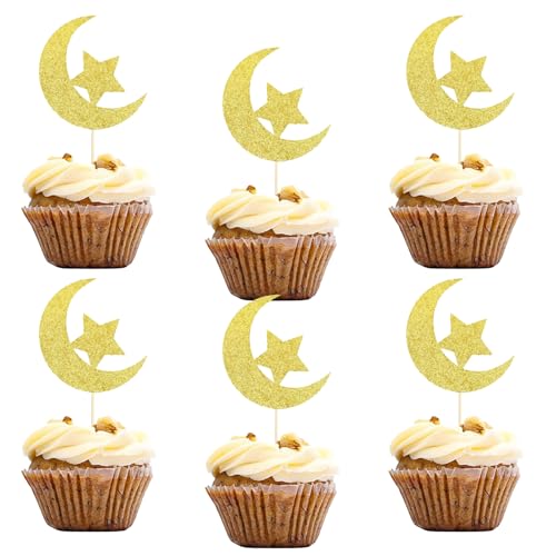 Eid Mubarak Ramadan Deko Cupcake Toppers,24 Stück Glitzer Stern und Mond Eid Mubarak Tortendeko Ramadan Cupcake Topper Eid Mubarak Kuchendeko Muffin Deko für Muslim Ramadan Eid Mubarak Dekoration von Pejlnd