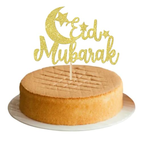 Glitzernde goldene Eid-Mubarak-Kuchendekoration, 1 Stück, Eid-Kuchenaufsatz, Ramadan-Mubarak-Kuchendekoration, Halbmond-Stern, Eid-Backdekorationen für Islam, Ramadan, Eid-Partyzubehör von Pejlnd