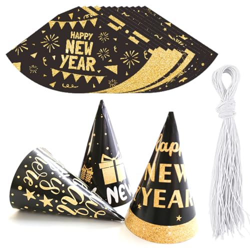 Pejlnd Silvester-Party-Hüte – 12 Stück Silvester-Dekorationen 2025 Schwarz-Gold-Kegelhut Happy New Year Party Hüte Neujahr Foto Requisiten Kopfbedeckung für 2025 Silvester Party Favor Zubehör von Pejlnd