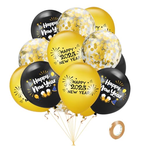 Silvester-Dekorationen 2025 – schwarze und goldene Luftballons, 15 Stück, 30,5 cm, goldfarbene und schwarze Latex-Luftballons 2025, Happy New Year-Partyballons für Silvesterpartyzubehör von Pejlnd