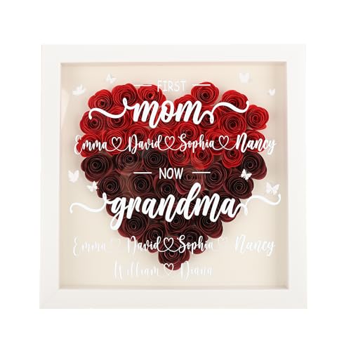 Pekdi Personalisierte Mom Flower Shadow Box mit Namen für Muttertag Geschenk, erste Mama jetzt Oma Holz Vitrine Rose Blume Bilderrahmen Keepsake Geschenk für Mama Nana Oma von Pekdi