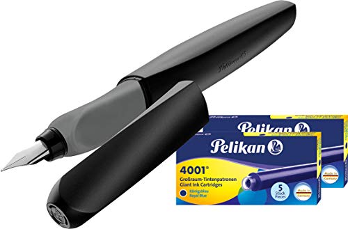 Pelikan Füllfederhalter Twist (universell für Rechts- und Linkshänder) schwarz + 10 Patronen mit hoher Füllmenge von Pelikan