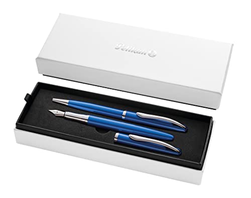 Pelikan Geschenkset Jazz Noble mit Füller und Kugelschreiber, Saphire (Blau), eleganter Patronenfüller (Feder M) und Kugelschreiber aus Metall, im Geschenketui, 821902 von Pelikan