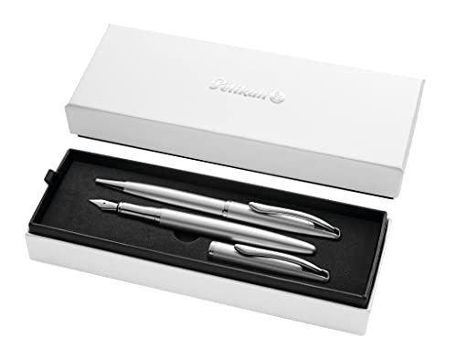 Pelikan Geschenkset Jazz Noble mit Füller und Kugelschreiber, Silber, eleganter Patronenfüller (Feder M) und Kugelschreiber aus Metall, im Geschenketui, 821858 von Pelikan