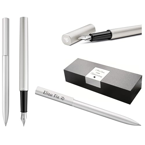 Pelikan Ineo® Elements Füllhalter und Kugelschreiber mit Gravur Geschenk Premium Stift | Geschenkbox | blaue Mine | personalisiertes Geschenk | Namen graviert | Geburtstag (Silber) von Pelikan