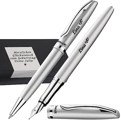 Pelikan - Kugelschreiber und Füller im Set Farbe Silbermatt mit Gravur als Geschenk & Wunschsymbol Geschenkverpackung Schreibgeräte-Set Jazz Elegance Silber 1 Kugelschreiber1 Füllhalter PS61 von Pelikan