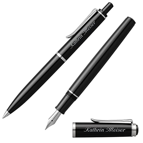 Pelikan Schreibset Classic Füllfederhalter P 205 und Kugelschreiber K 205 Schwarz mit Namen farbig personalisiert Silber-glänzende Beschläge von Pelikan