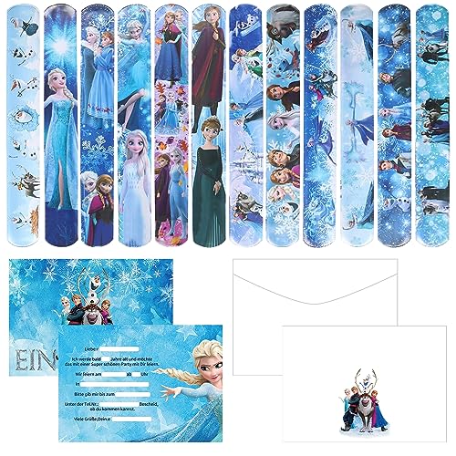 Pellinch Eiskönigin Kinder Mitgebsel,12 Schnapparmbänder,12 Deutsche Einladungskarten 12 Umschläge Einladung Party Geburtstag Spielzeug Eiskönigin für Kinder Mädchen Jungen Give Aways Party Zubehör von Pellinch