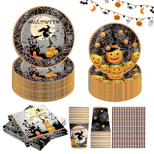 Halloween Tableware 100 Piece Set - Halloween Partygeschirr Set, Aus Papptellern, Bechern, Strohhalmen, Etc., Geeignet FüR Kinder, Gruselparty, Halloween Tischdekoration Im Garten (20er Set) von Penbinmall