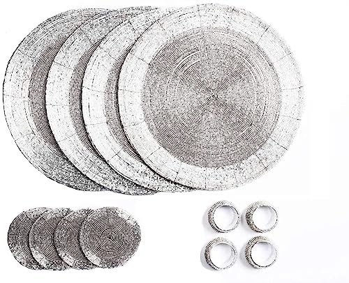 Penguin Home® Set von 12 Tischsets mit Glasperlen, Untersetzer und Serviettenringe - silberfarben - Runde Tischsets - Handgefertigt von erfahrenen indischen Handwerkern - Durchmesser - 32 cm, 3748 von Penguin Home